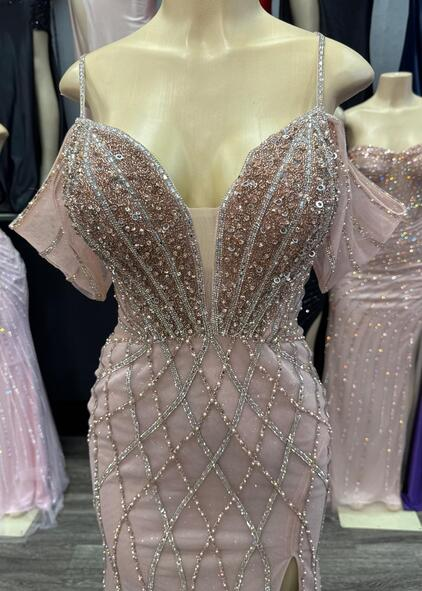 Beaded Diamond Mermaid Prom Dress with Cold-Shoulder Flutter Sleeves & High Slit by CT-2679