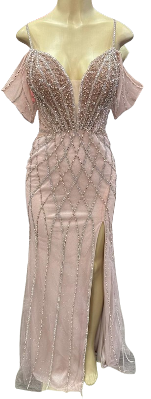 Beaded Diamond Mermaid Prom Dress with Cold-Shoulder Flutter Sleeves & High Slit by CT-2679