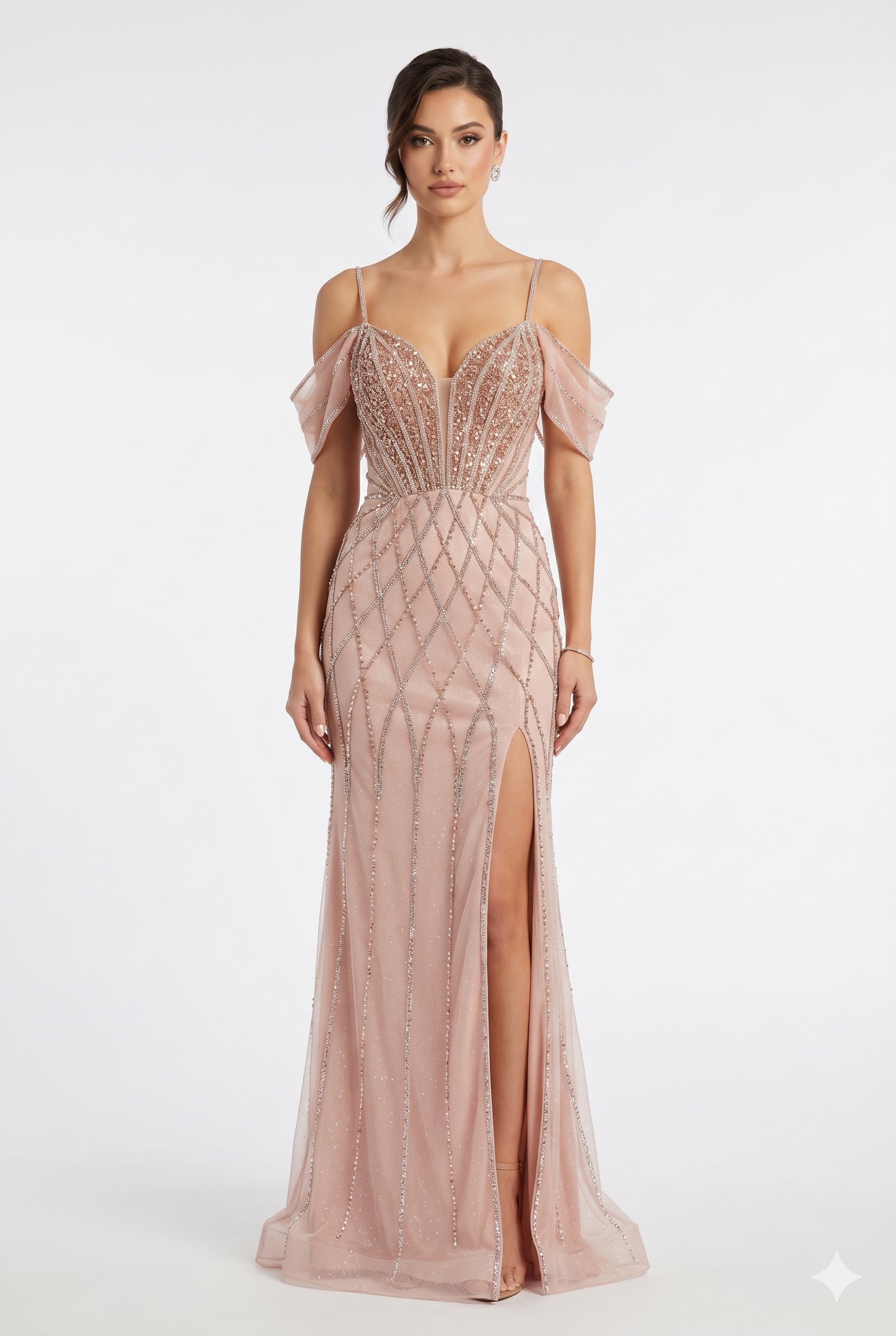 Beaded Diamond Mermaid Prom Dress with Cold-Shoulder Flutter Sleeves & High Slit by CT-2679