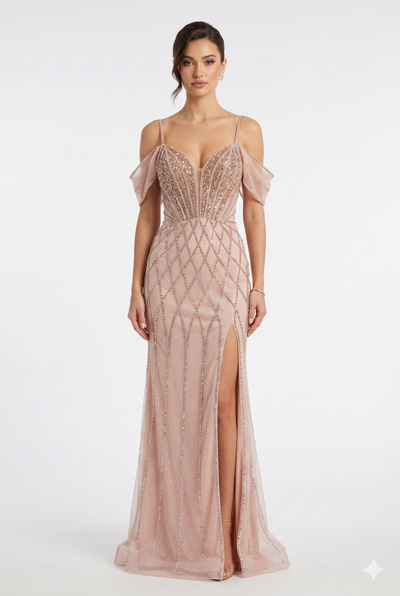 Beaded Diamond Mermaid Prom Dress with Cold-Shoulder Flutter Sleeves & High Slit by CT-2679