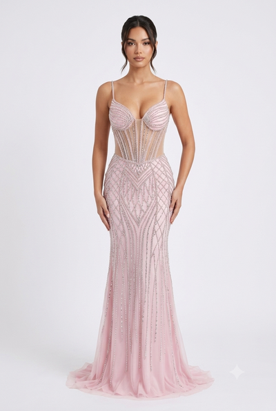 Beaded Mermaid Prom Dress Illusion Corset Gown with Rhinestone Detail Evening Dress by CT-2684