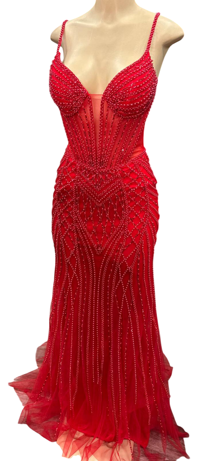 Beaded Mermaid Prom Dress Illusion Corset Gown with Rhinestone Detail Evening Dress by CT-2684