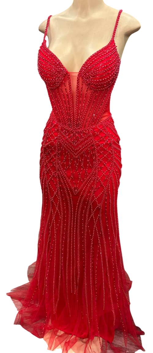 Beaded Mermaid Prom Dress Illusion Corset Gown with Rhinestone Detail Evening Dress by CT-2684