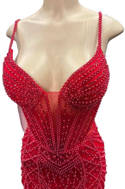Beaded Mermaid Prom Dress Illusion Corset Gown with Rhinestone Detail Evening Dress by CT-2684
