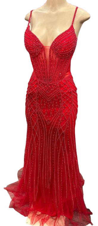 Beaded Mermaid Prom Dress Illusion Corset Gown with Rhinestone Detail Evening Dress by CT-2684
