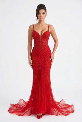 Beaded Mermaid Prom Dress Illusion Corset Gown with Rhinestone Detail Evening Dress by CT-2684