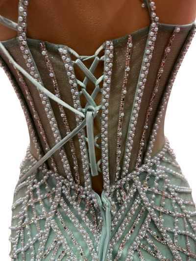 Beaded Mermaid Prom Dress Illusion Corset Gown with Rhinestone Detail Evening Dress by CT-2684