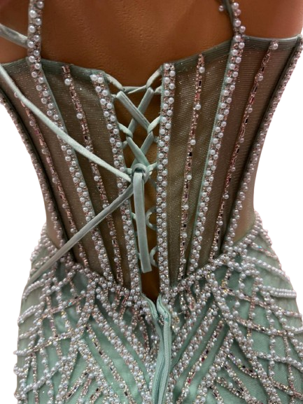 Beaded Mermaid Prom Dress Illusion Corset Gown with Rhinestone Detail Evening Dress by CT-2684