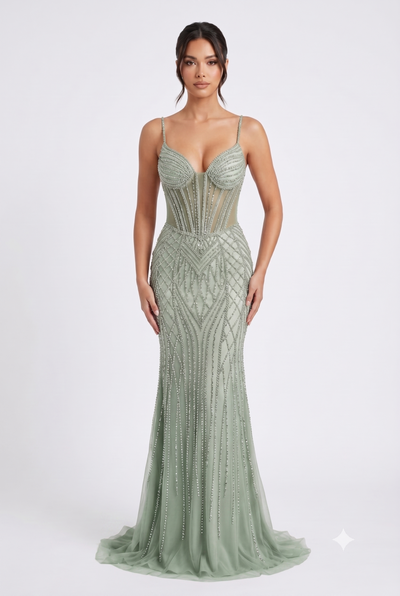 Beaded Mermaid Prom Dress Illusion Corset Gown with Rhinestone Detail Evening Dress by CT-2684