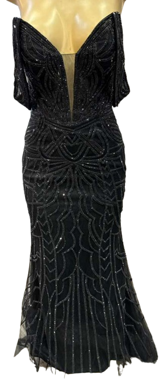 Off-Shoulder Plunging V-Neck Fully Sequin Beaded Lace-Up Back Mermaid Prom Dress by CT-2685