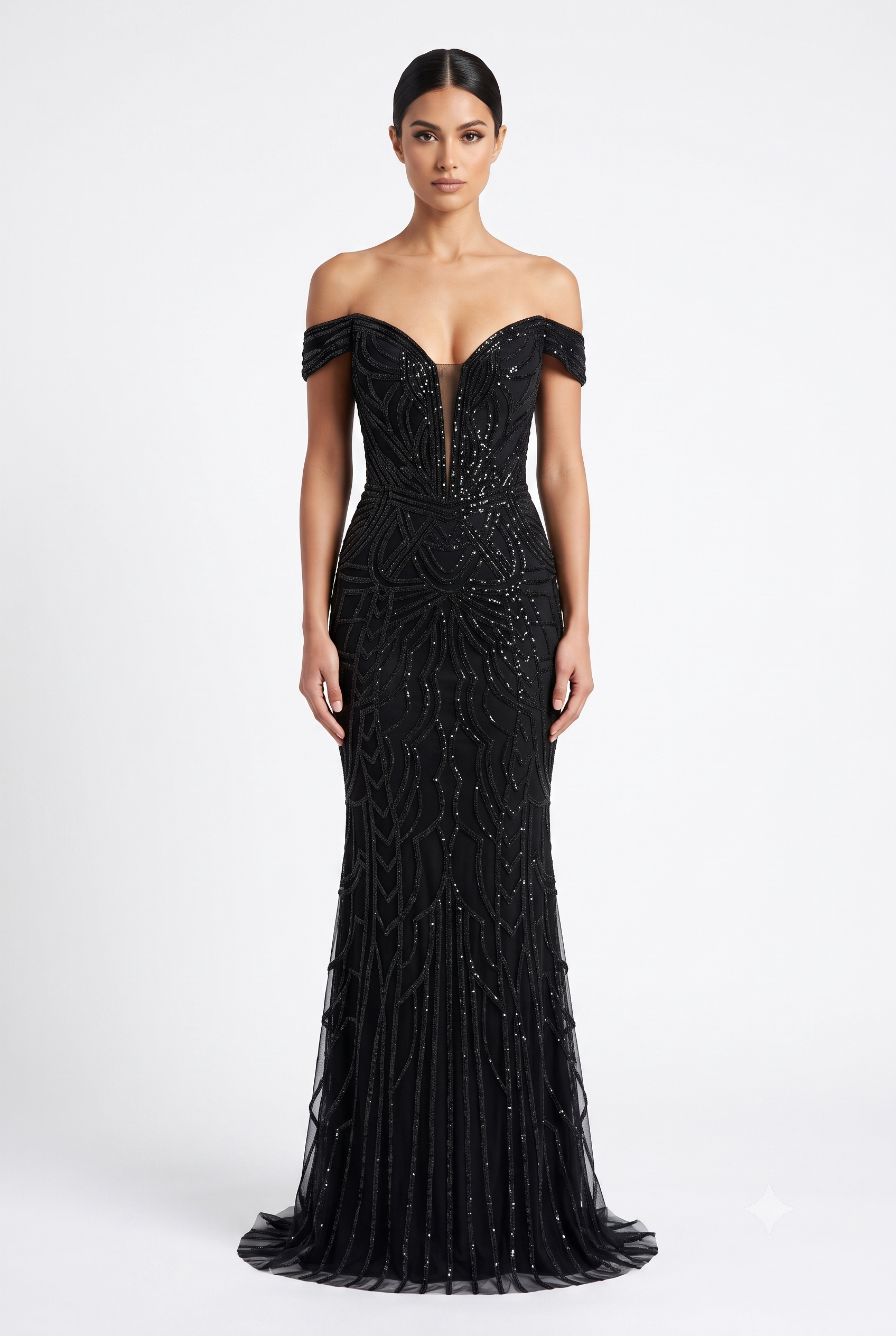 Off-Shoulder Plunging V-Neck Fully Sequin Beaded Lace-Up Back Mermaid Prom Dress by CT-2685