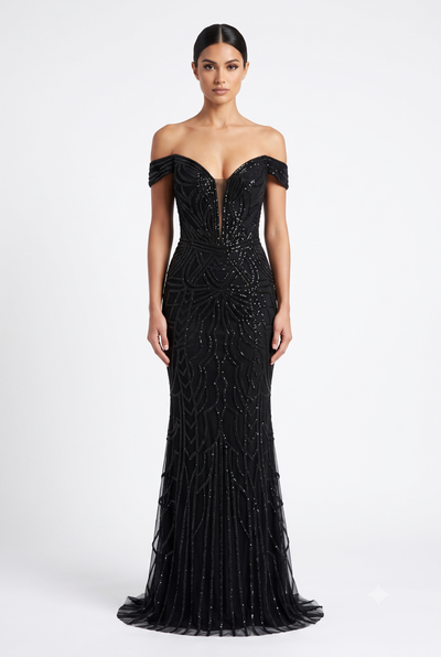 Off-Shoulder Plunging V-Neck Fully Sequin Beaded Lace-Up Back Mermaid Prom Dress by CT-2685