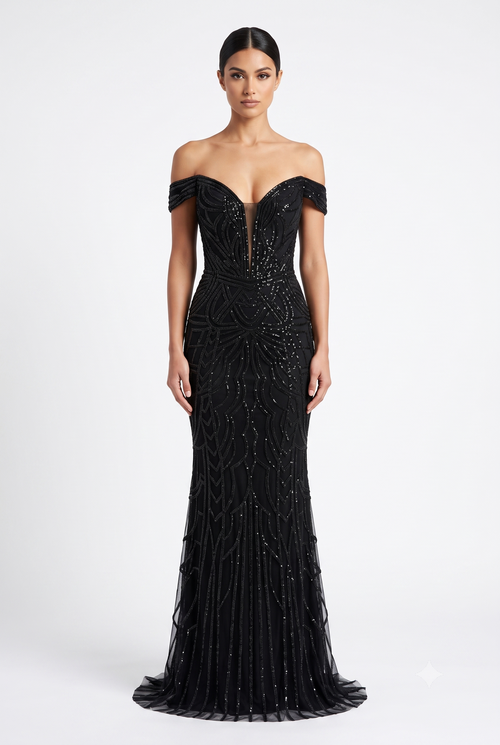 Off-Shoulder Plunging V-Neck Fully Sequin Beaded Lace-Up Back Mermaid Prom Dress by CT-2685
