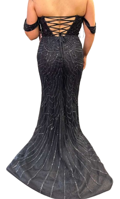 Off-Shoulder Plunging V-Neck Fully Sequin Beaded Lace-Up Back Mermaid Prom Dress by CT-2685