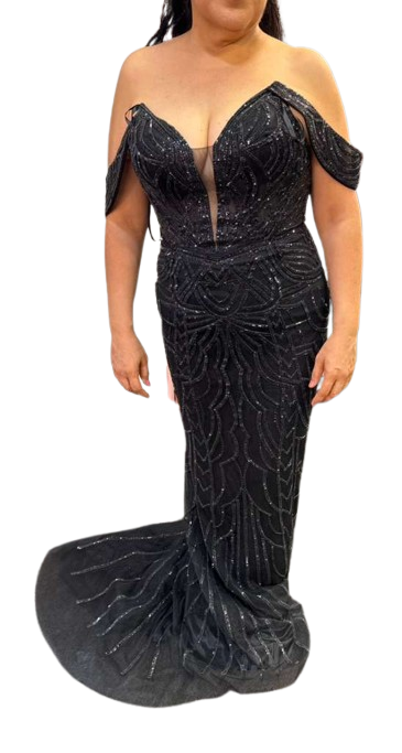 Off-Shoulder Plunging V-Neck Fully Sequin Beaded Lace-Up Back Mermaid Prom Dress by CT-2685