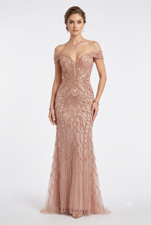 Off-Shoulder Plunging V-Neck Fully Sequin Beaded Lace-Up Back Mermaid Prom Dress by CT-2685