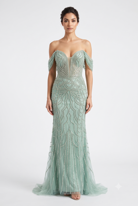 Off-Shoulder Plunging V-Neck Fully Sequin Beaded Lace-Up Back Mermaid Prom Dress by CT-2685