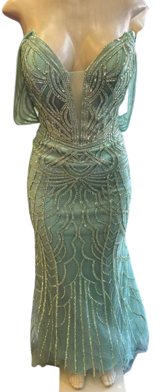 Off-Shoulder Plunging V-Neck Fully Sequin Beaded Lace-Up Back Mermaid Prom Dress by CT-2685