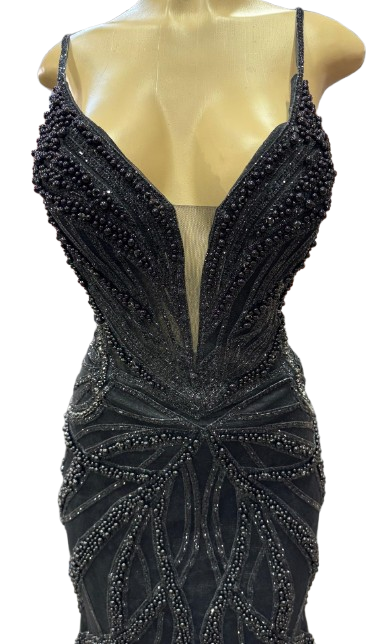 Pearl Beaded Mermaid Prom Dress V-Neck Spaghetti Strap Lace-Up Back Formal Evening Gown by CT-2687