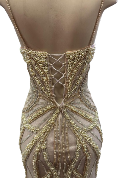 Pearl Beaded Mermaid Prom Dress V-Neck Spaghetti Strap Lace-Up Back Formal Evening Gown by CT-2687