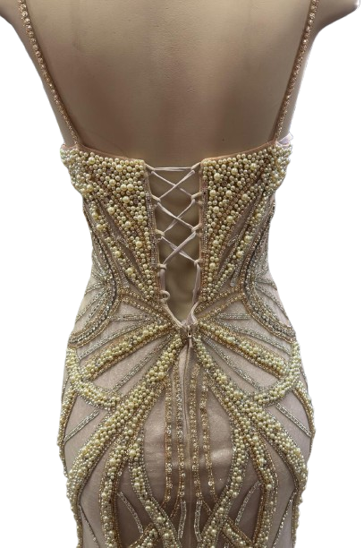 Pearl Beaded Mermaid Prom Dress V-Neck Spaghetti Strap Lace-Up Back Formal Evening Gown by CT-2687