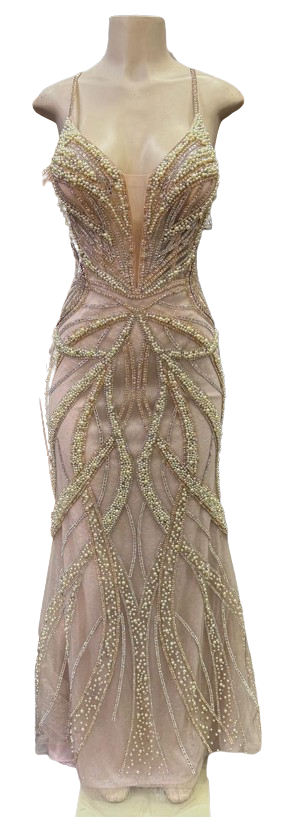 Pearl Beaded Mermaid Prom Dress V-Neck Spaghetti Strap Lace-Up Back Formal Evening Gown by CT-2687