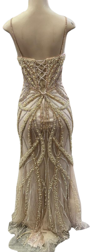 Pearl Beaded Mermaid Prom Dress V-Neck Spaghetti Strap Lace-Up Back Formal Evening Gown by CT-2687