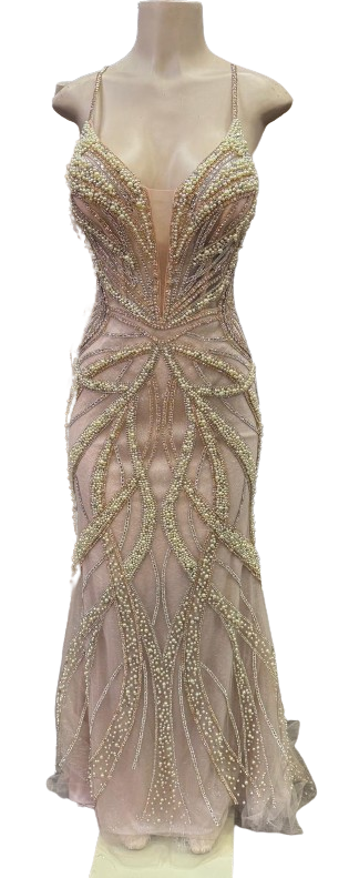 Pearl Beaded Mermaid Prom Dress V-Neck Spaghetti Strap Lace-Up Back Formal Evening Gown by CT-2687