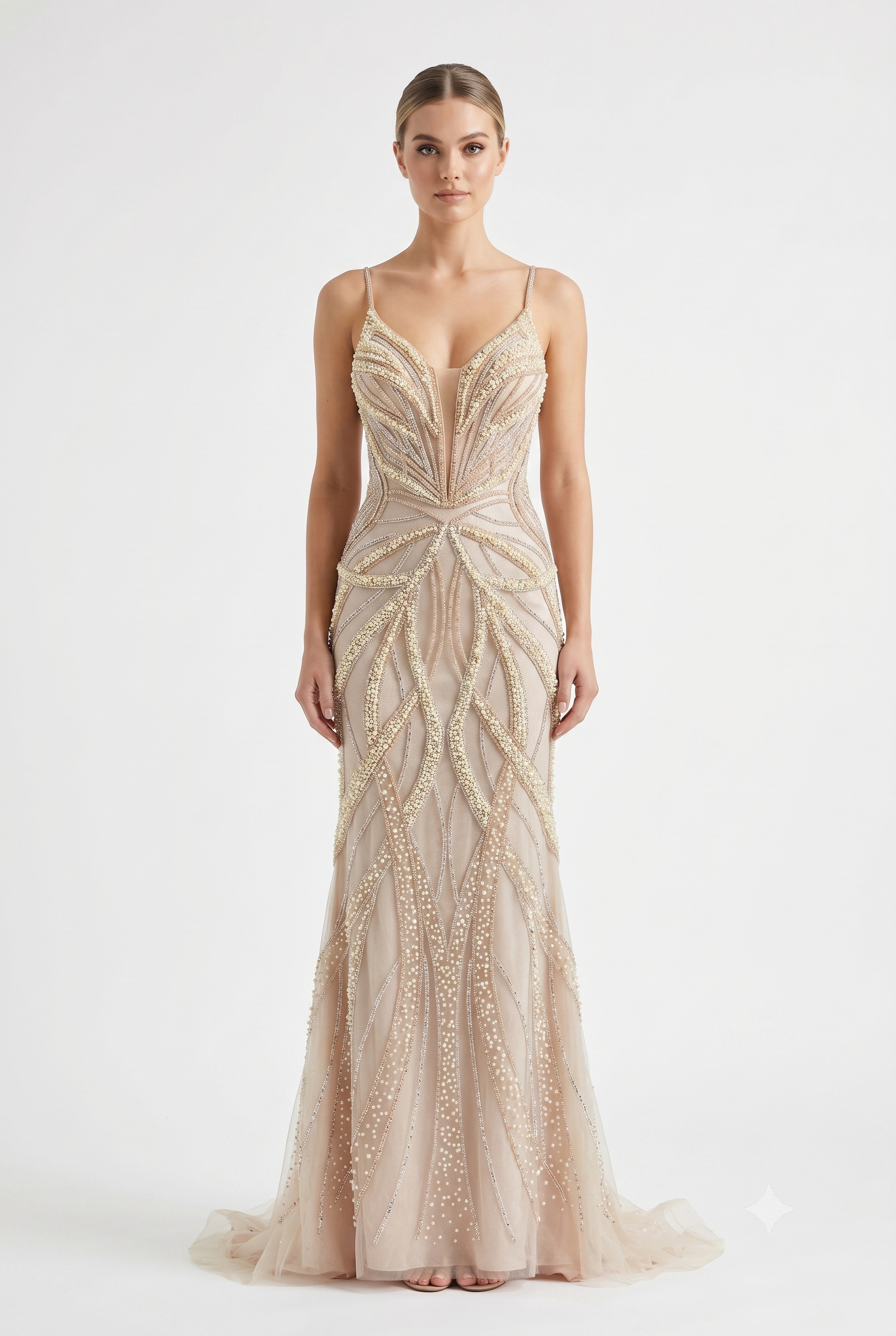 Pearl Beaded Mermaid Prom Dress V-Neck Spaghetti Strap Lace-Up Back Formal Evening Gown by CT-2687