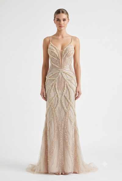 Pearl Beaded Mermaid Prom Dress V-Neck Spaghetti Strap Lace-Up Back Formal Evening Gown by CT-2687