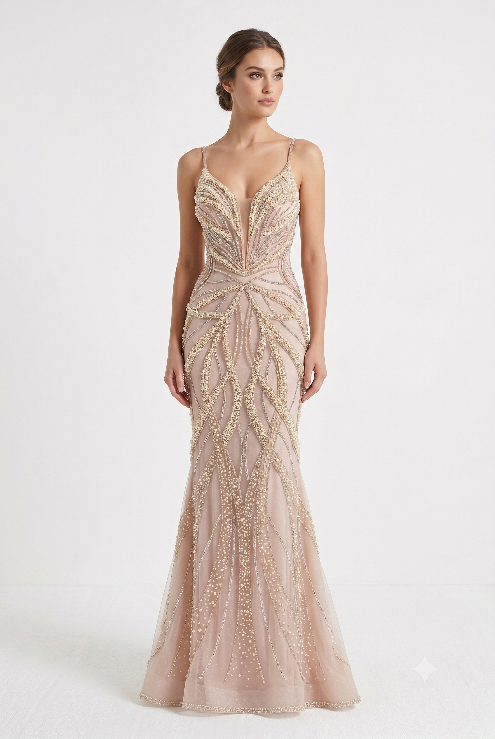 Pearl Beaded Mermaid Prom Dress V-Neck Spaghetti Strap Lace-Up Back Formal Evening Gown by 2687