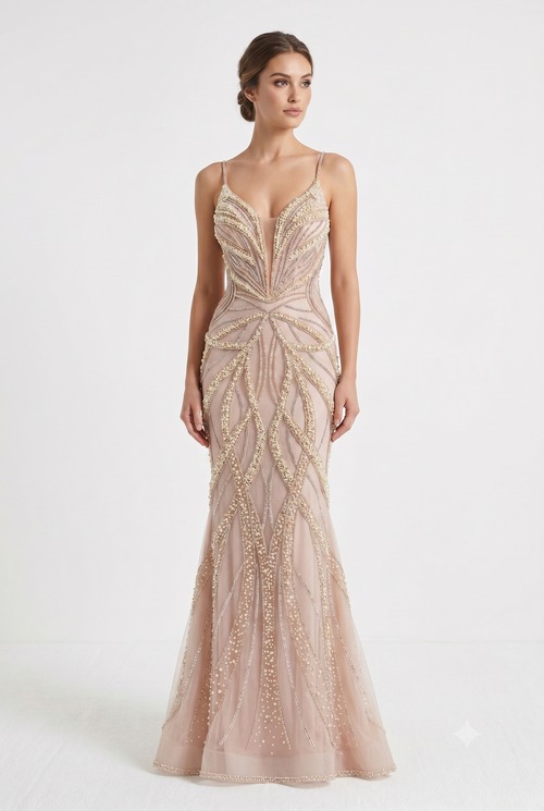 Pearl Beaded Mermaid Prom Dress V-Neck Spaghetti Strap Lace-Up Back Formal Evening Gown by 2687