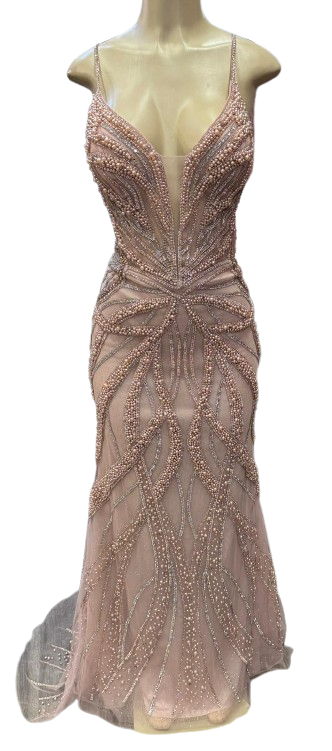 Pearl Beaded Mermaid Prom Dress V-Neck Spaghetti Strap Lace-Up Back Formal Evening Gown by CT-2687