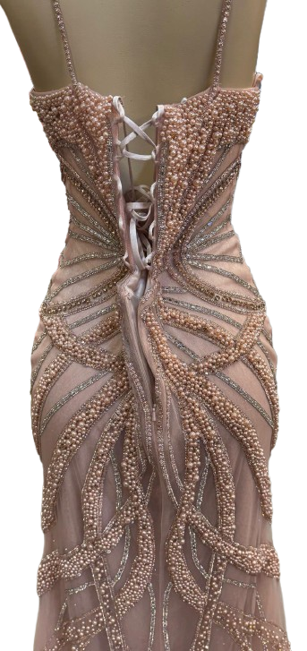 Pearl Beaded Mermaid Prom Dress V-Neck Spaghetti Strap Lace-Up Back Formal Evening Gown by CT-2687