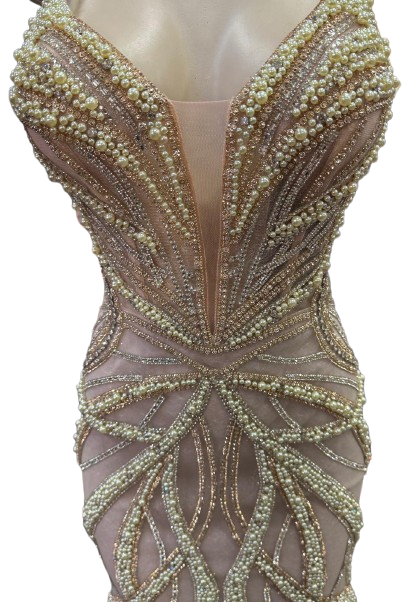 Pearl Beaded Mermaid Prom Dress V-Neck Spaghetti Strap Lace-Up Back Formal Evening Gown by CT-2687