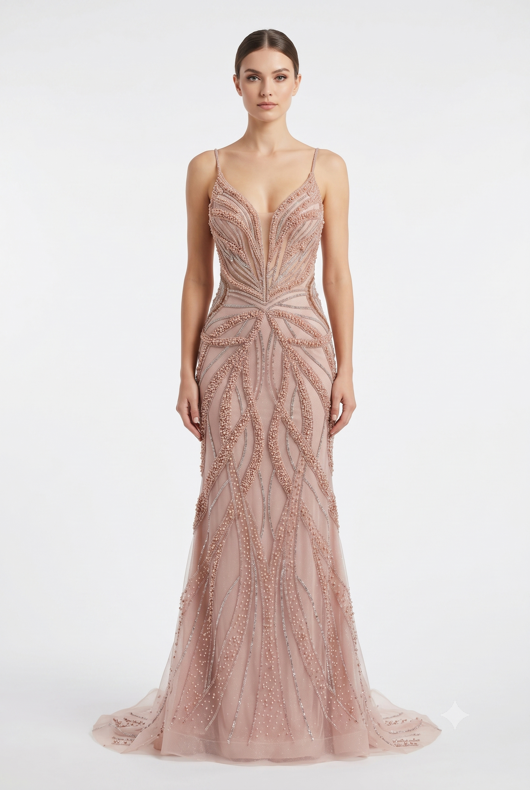 Pearl Beaded Mermaid Prom Dress V-Neck Spaghetti Strap Lace-Up Back Formal Evening Gown by CT-2687