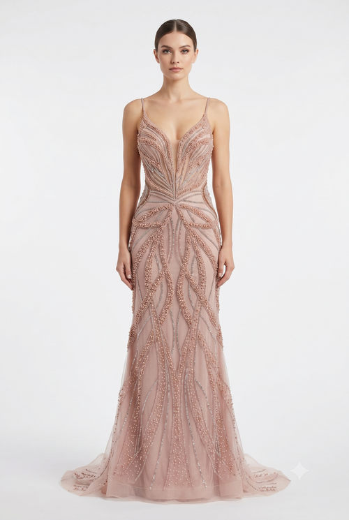 Pearl Beaded Mermaid Prom Dress V-Neck Spaghetti Strap Lace-Up Back Formal Evening Gown by CT-2687