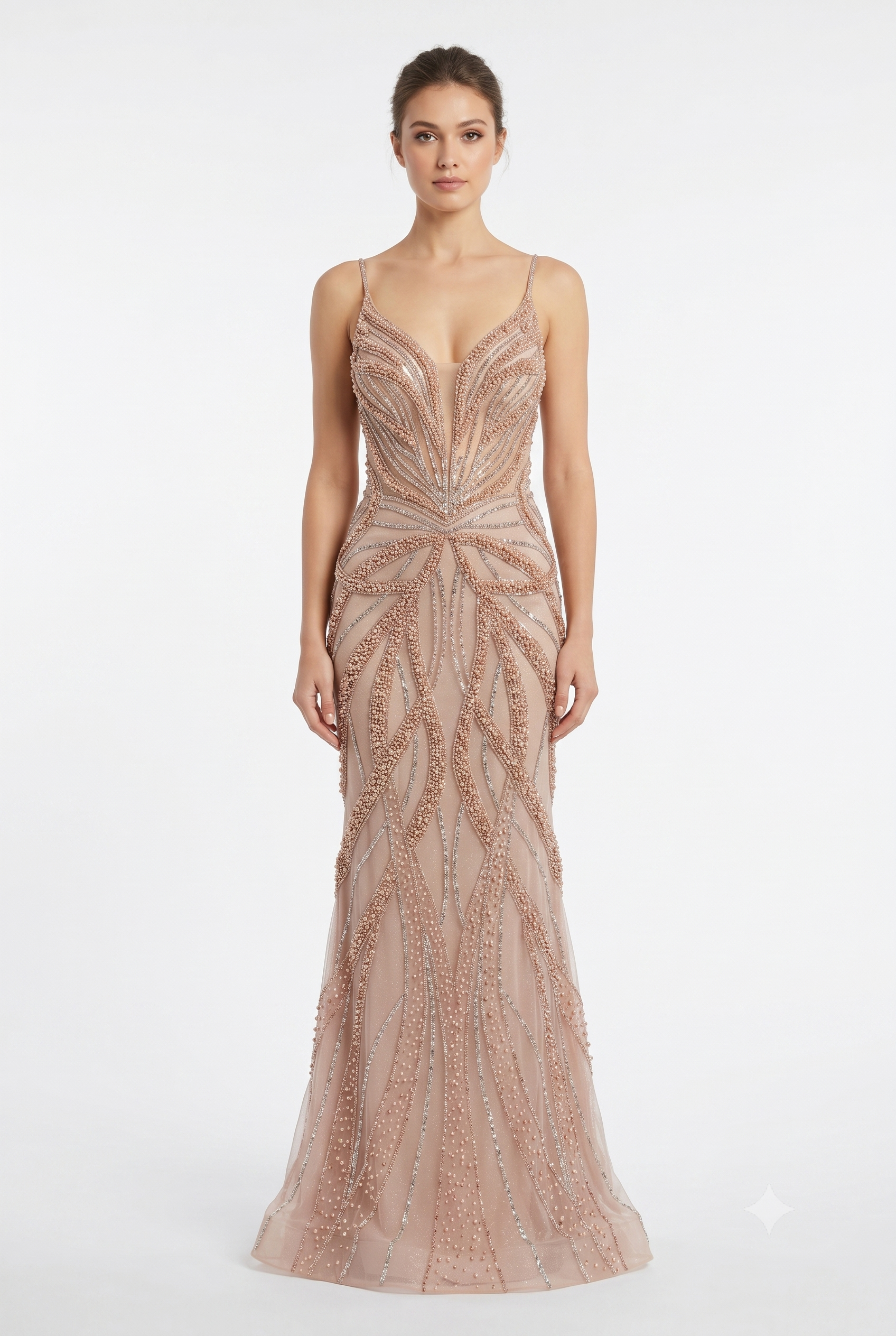 Pearl Beaded Mermaid Prom Dress V-Neck Spaghetti Strap Lace-Up Back Formal Evening Gown by 2687
