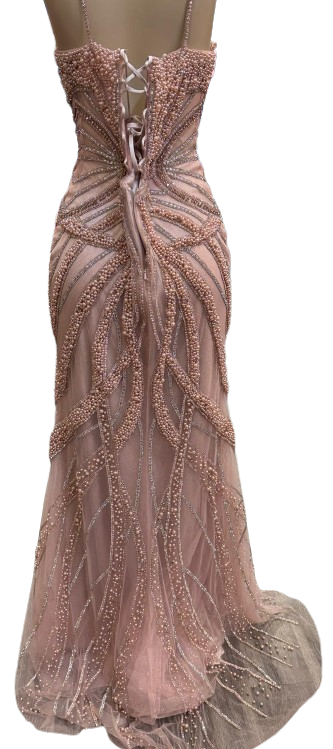 Pearl Beaded Mermaid Prom Dress V-Neck Spaghetti Strap Lace-Up Back Formal Evening Gown by CT-2687
