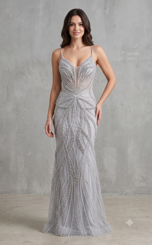 Pearl Beaded Mermaid Prom Dress V-Neck Spaghetti Strap Lace-Up Back Formal Evening Gown by 2687