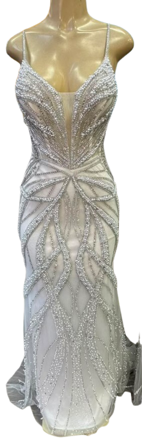 Pearl Beaded Mermaid Prom Dress V-Neck Spaghetti Strap Lace-Up Back Formal Evening Gown by 2687
