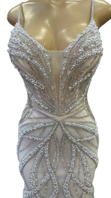 Pearl Beaded Mermaid Prom Dress V-Neck Spaghetti Strap Lace-Up Back Formal Evening Gown by 2687