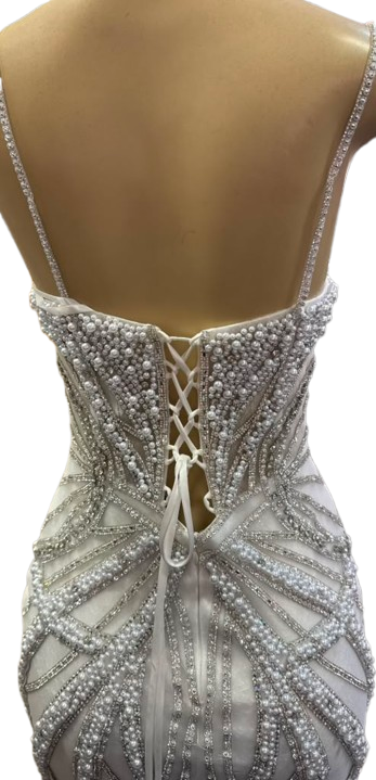 Pearl Beaded Mermaid Prom Dress V-Neck Spaghetti Strap Lace-Up Back Formal Evening Gown by 2687