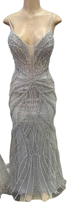Pearl Beaded Mermaid Prom Dress V-Neck Spaghetti Strap Lace-Up Back Formal Evening Gown by 2687