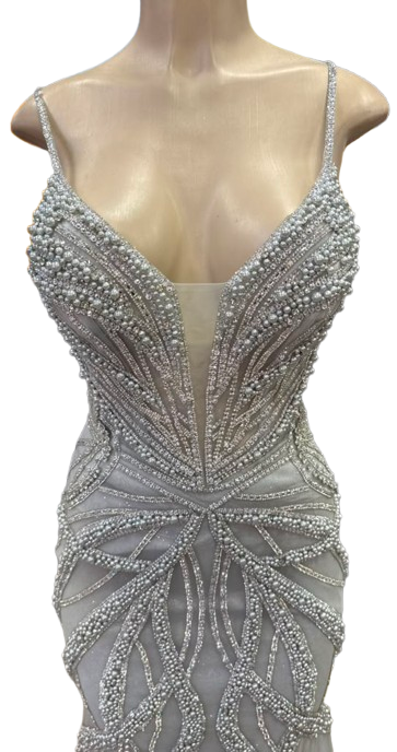 Pearl Beaded Mermaid Prom Dress V-Neck Spaghetti Strap Lace-Up Back Formal Evening Gown by 2687