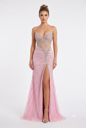 Sweetheart Spaghetti Strap Fully Beaded Illusion Corset Mermaid Slit Prom Dress by CT-2688