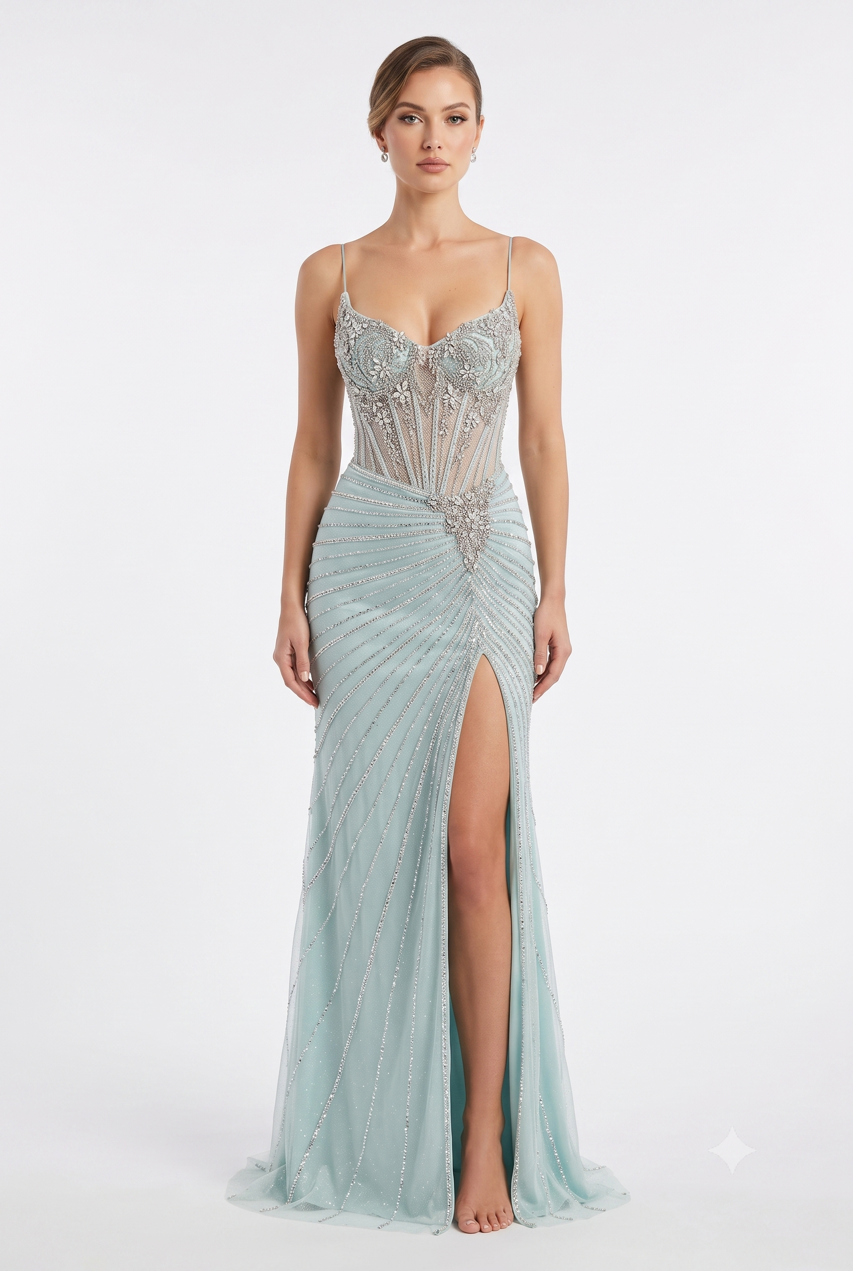 Sweetheart Spaghetti Strap Fully Beaded Illusion Corset Mermaid Slit Prom Dress by CT-2688