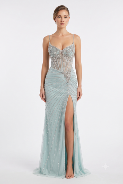 Sweetheart Spaghetti Strap Fully Beaded Illusion Corset Mermaid Slit Prom Dress by CT-2688
