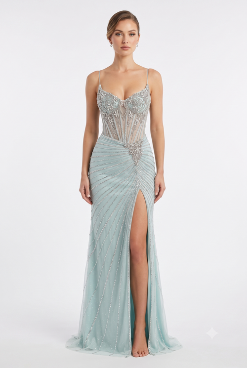 Sweetheart Spaghetti Strap Fully Beaded Illusion Corset Mermaid Slit Prom Dress by CT-2688