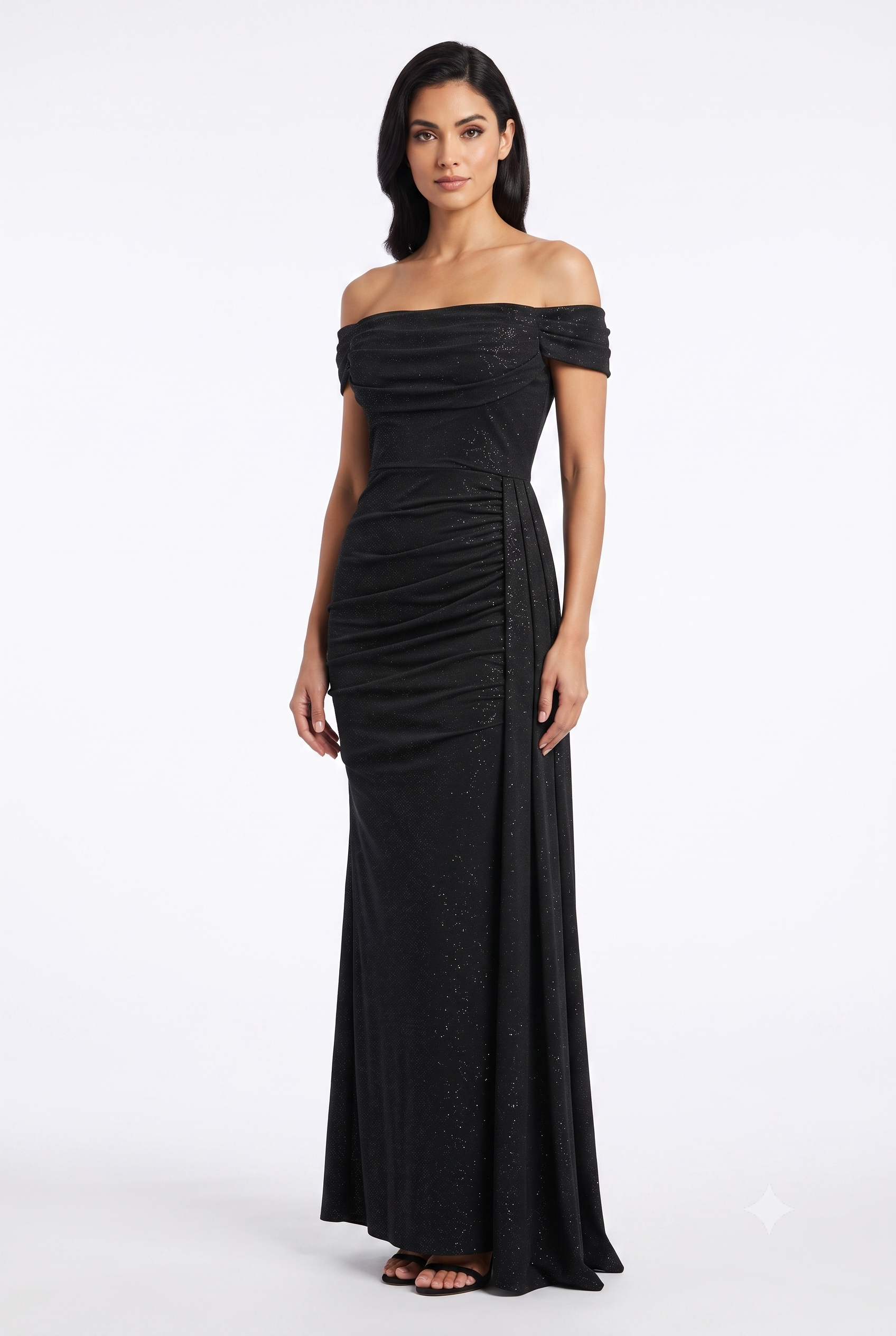 Off-Shoulder Draped Cowl Neckline Ruched Bodice Sheath Slit Floor-Length Evening Gown by CT-2694
